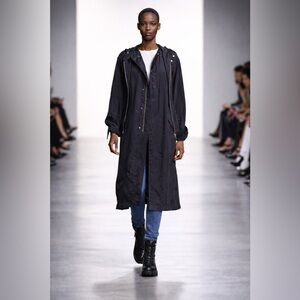 Helmut Lang Navy Long Hooded Parka Coat Large Parachute Bondage Drawstring Waist